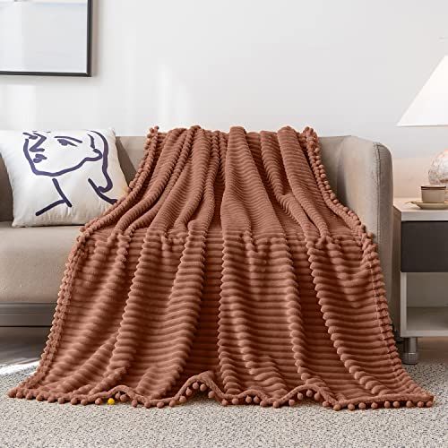 DISSA Fleece Blanket Throw Size – 51x63, Caramel – Soft, Plush, Fluffy, Fuzzy, Warm, Cozy – Perfect Throw for Couch, Bed, Sofa - with Pompom Fringe - Flannel Blanket Throw Blanket - color: Caramel, size: 51x63"