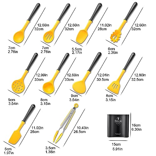 11pcs/set Yellow and Black Silicone Kitchen Utensils Set Kitchen Cooking Utensils With Holder Storage Heat Resistant Non-stick Cooking Tools Kitchen Gadgets Tools Set - color: Yellow and Black Kitchen Utensils