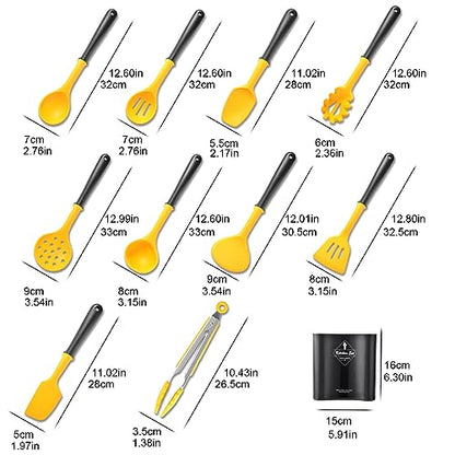 11pcs/set Yellow and Black Silicone Kitchen Utensils Set Kitchen Cooking Utensils With Holder Storage Heat Resistant Non-stick Cooking Tools Kitchen Gadgets Tools Set - color: Yellow and Black Kitchen Utensils