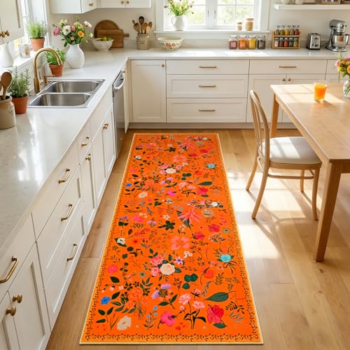 ISEAU Runner Rugs for Kitchen,2x6 Area Rug for Entryway Dorm Rug,Orange | Washable Flower Area Rug with Non-Slip Botton for Bedside, Runner for Hallway Nursery Entryway Dining Room Dorm Decor - color: Orange Red, size: 2ftx6ft