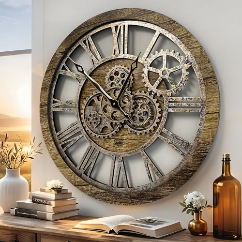The Gears Clock The Original Real Moving Gear Wall Clock Vintage Industrial Oversized Rustic Farmhouse (24 inch (60cm),Gold Antique) - color: Gold Antique