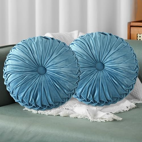 HIG Set of 2 Dusty Blue Velvet Decorative Round Pleated Throw Pillows | Vintage Floor Pillows, Classy Accent Pumpkin with Center Button, for Sofa Couch Vanity Chair Bed, 14.5" Diameter - color: R-dusty Blue