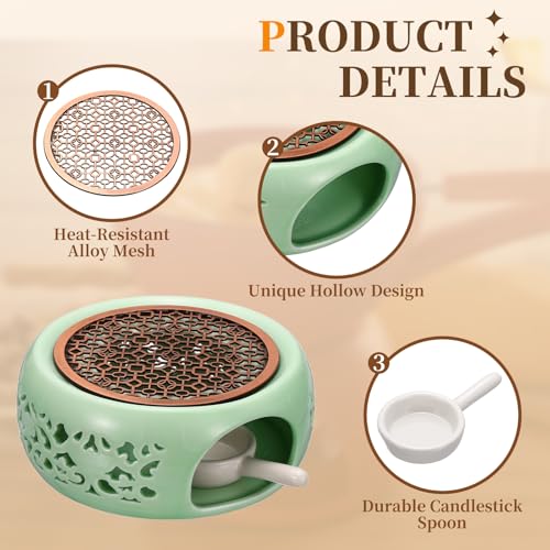 uxcell Teapot Warmer, Ceramic Tea Warmer Ceramic Teapot Heater with Alloy Pad Tealight Holder for Heating Coffee Milk Water Heatproof Dish Warming Use, Plum Green Ocean Flower Design - color: Plum Green