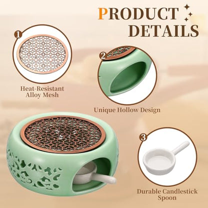 uxcell Teapot Warmer, Ceramic Tea Warmer Ceramic Teapot Heater with Alloy Pad Tealight Holder for Heating Coffee Milk Water Heatproof Dish Warming Use, Plum Green Ocean Flower Design - color: Plum Green