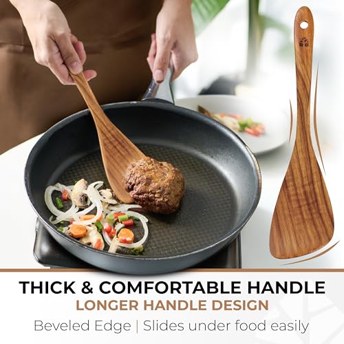 Wooden Spatula for Cooking, 12" Flat Wooden Spoon & Scraper for Frying | Natural acacia hardwood turner, nonstick & cast iron safe, non toxic, long comfort grip handle, easy to clean