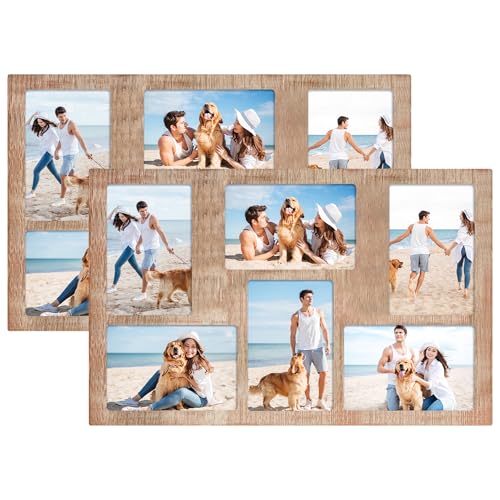 YESKAY Picture Frame Collage 4x6 Set of 2,6 Opening 4 x 6 Wood Frame with Real Glass Display Multiple Family Photos for Wall Decor,Rustic Brown(OD:11X17in) - color: Rustic Brown, size: 4x6-6 Opening(OD:11x17in)