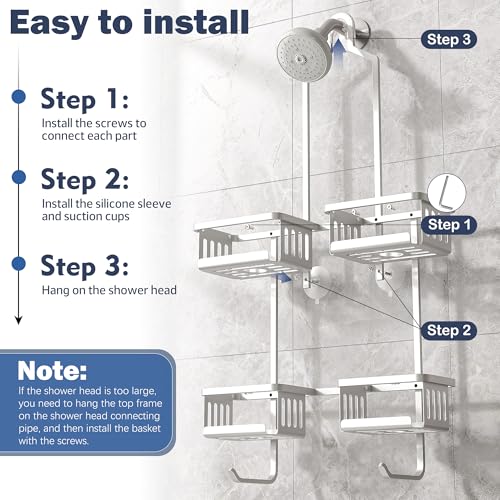 Aluminum Shower Caddy Hanging for Handheld Showerheads, Never Rust Shower Organizer with Hooks Holder Toothbrush Holder，Over Showerhead Caddy for Bathroom - color: Silvery