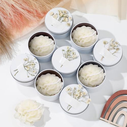 Threlaco 12 Pcs Flower Bridal Candles Set Bridesmaid Gift,White | 2" Wax Scented Candle Bulk, with Dried Flower and Cans, for Wedding Shower Proposal Anniversaries Women Christmas Party Favor - color: White