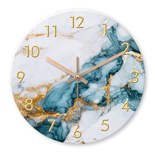Large Modern Marble Glass Wall Clocks Battery Operated 20 Inch | Silent Non Ticking Blue and Gold Fluid Art Design for Living Room Home Office Bedroom Decor - color: Blue, size: 20 Inch
