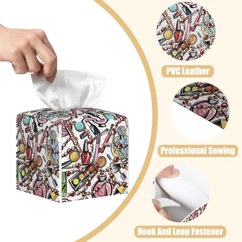Scattered Cosmetics Tissue Box Cover Square, Perfume and Lipstick Tissue Box Holder with Bottom Belt Leather Facial Paper Organizer Dispenser for Bathroom Bedroom Dresser Night Stand Tabletop - color: Scattered Cosmetics