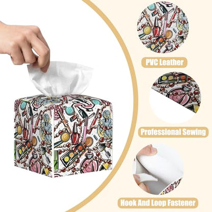 Scattered Cosmetics Tissue Box Cover Square, Perfume and Lipstick Tissue Box Holder with Bottom Belt Leather Facial Paper Organizer Dispenser for Bathroom Bedroom Dresser Night Stand Tabletop - color: Scattered Cosmetics