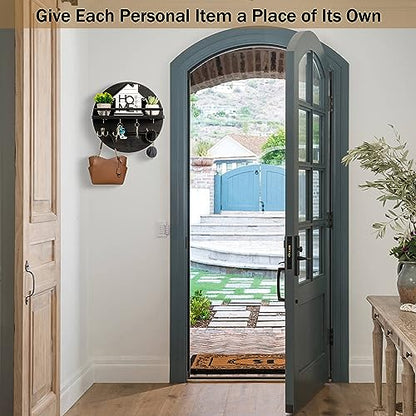dreampossible Key Holder for Wall Decorative with Shelf and Hooks, Mail Organizer Wall Mount, Circular Design Entryway Key Rack Hanger, Rustic Home Decor (Black)