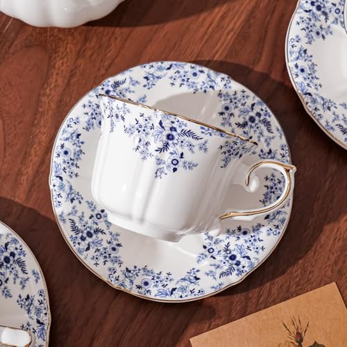 Ceramic Floral Cups with Saucers，7 oz Espresso Cups for Latte Coffee Cafe, Cappuccino and Tea (1, Little Blue Flower) - color: Little Blue Flower
