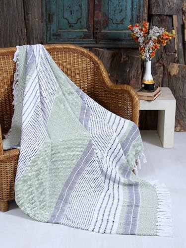 Handwoven Cotton Boho Throw Blanket with Tassels – All Season Throw for Decorative Luxury in Living Room or Bedroom, Soft Cozy Couch Sofa Bed Blanket, 50x60 Inches (Diamond Green) - color: Diamond Green
