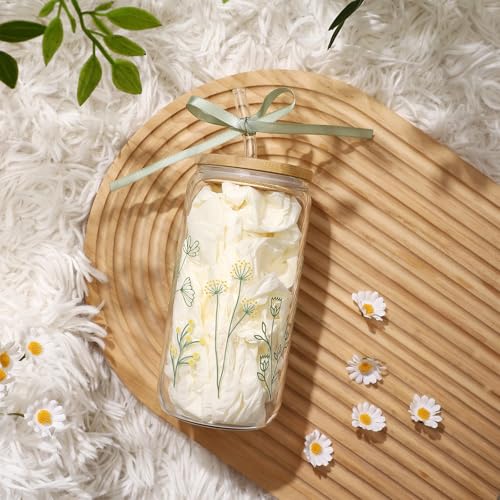 Floral Gifts for Women, Flower Glass Cup with Lid and Straw | Aesthetic Wildflower Iced Coffee Drinking Cup Tumbler stuff for Women Mom Anniversary Birthday Thanksgiving Christmas 16oz - style: Flowers