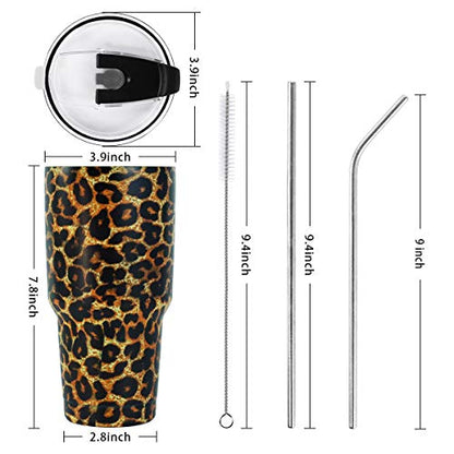 SYACOT 30oz Tumbler Double Wall Stainless Steel Vacuum Insulated Travel Mug with Splash-Proof Lid Metal Straw and Brush - color: Leopard-30oz