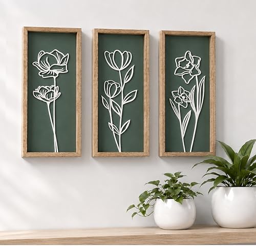 Tide and Tales 3d Green Wall Art, Wooden Botanical Wall Decor, Set of 3 | 7" x 16", Lightweight, Framed Ready-to-Hang, Bathroom Wall Decor, Bedroom, Living Room, Office, Farmhouse, Gift-Boxed - color: Botanic Green, size: 7" x 16"