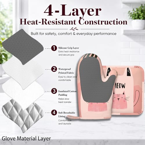 Cute Pink Cat Oven Mitts and Pot Holders Sets Smile Face Silicone Heat Resistant Kitchen Oven Gloves Pot Holder for Cooking Baking Grilling BBQ - color: Cute Pink Cat