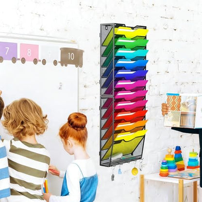 Gawerk Hanging Wall File Organizer, 12+1 Tier | 5 Hooks, Wall Mounted, Sturdy Mesh, For Office Home - size: 12+1 Tier