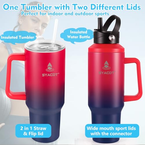 40 oz Tumbler with Handle and Straw or Convert to 40 oz Insulated Water Bottle Fits in Cup Holder. Stainless Steel Metal Water Flask with 2 Lids for Travel,Camping,Gym Sports Coffee Mug Thermal Cup - color: Ruby Red Navy