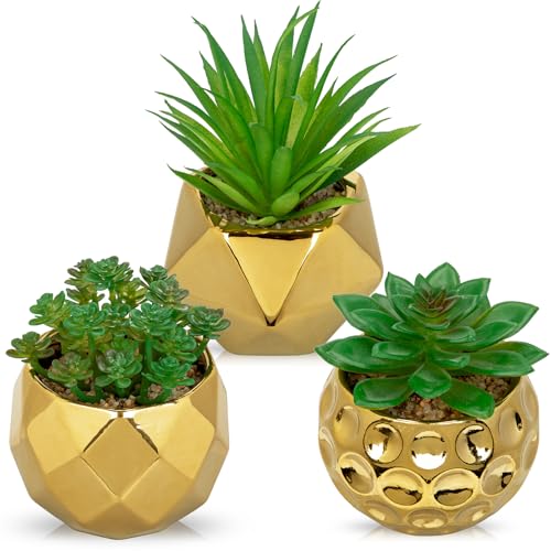 Briful Artificial Succulents Plants in Ceramic Pots, 3 Pack Faux Succulent Set with Gold Geometric Planters – Modern Desk Decor for Home Office Shelf Bathroom, Small Fake Plants Potted - color: Gold# 3pcs