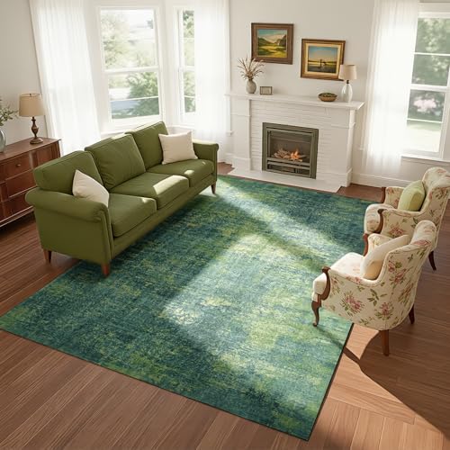 8x10 Green Washable Area Rugs for Living Room,Bedroom,Dining Room,Playroom | Ultra Soft Low Pile Faux Wool,Non-Slip & Non-Shedding,Stain Resistant,Large Modern Abstract Carpet for Nursery Home Office - color: Dark Green-light Green-light Cyan, size: 8' x