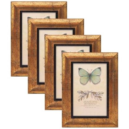XUANLUO 4x6 Picture Frames Set of 4 Rustic Retro Photo Frame with HD Plastic Cover for Wall Mount and Tabletop Display Family Friends Wedding Gift - color: Gold-4pcs, size: 4×6 inch