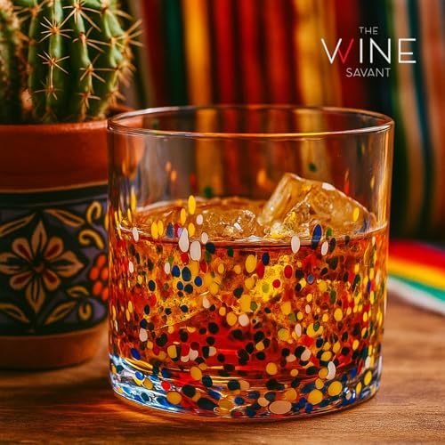 Large Confetti DOF Glasses – Set of 2-11oz Luxury Hand Blown Confetti Whiskey, Margarita, Martini, Cocktails, Water, Wine, Dessert & Champagne Glasses Cinco de Mayo, Hand Blown - Mexican Water Glass - style: Mexican Confetti Water Glass