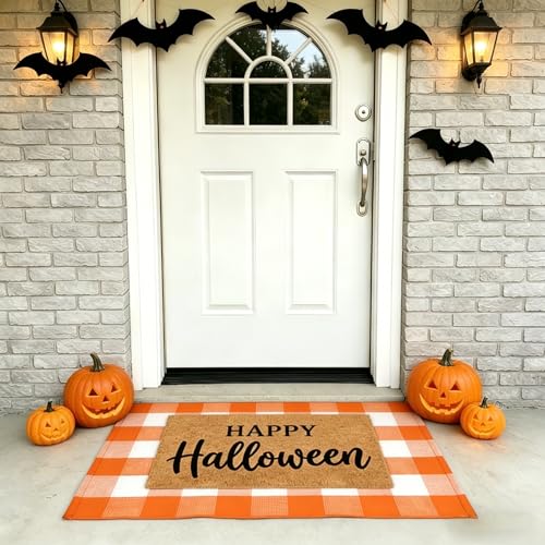 SEEKSEE Happy Halloween Doormat Set, Thick Coco Coir Door Mat + Orange and White Buffalo Plaid Rug, Outdoor Layered Mat for Front Door Non-Slip Backing Floor Mat for Porch - color: Happy Halloween - Orange White Plaid, size: 2'3" x 3'7" (Rectangular)