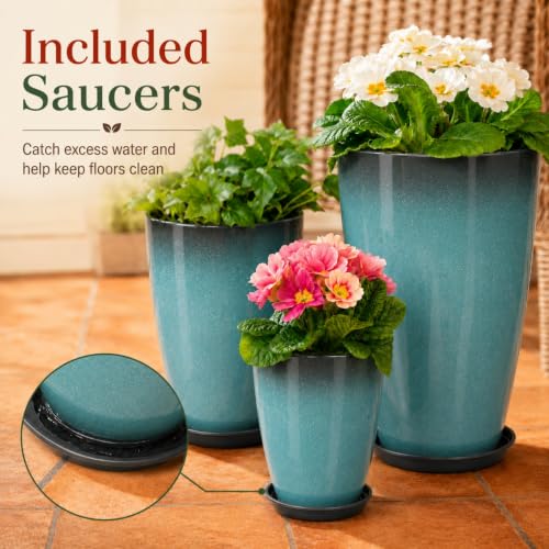 Neoaider Set of 3 Tall Planter, 24/21/12in Large Plastic Planter, Sky Blue | Ceramic-Look, Lightweight, Built-in Drain Hole, Saucers, Tall Outdoor Planter for Porch, Garden, Patio, Balcony - color: Sky Blue
