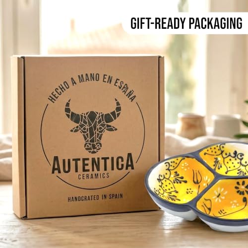 3-Compartment Ceramic Serving Dish, Handmade in Spain | 7.5” divided chip and dip bowl with lead-free glaze, microwave, oven and dishwasher safe, ideal for tapas, snacks and sauces - color: Onyx Yellow