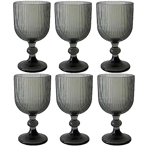 Taganov Water Goblets set of 6 Vintage Glassware 13 oz Colored Wine Glass Drinking Glass Vertical Line Embossed Pattern Stemmed Cups for Wedding Party Bar Grey - color: Gray