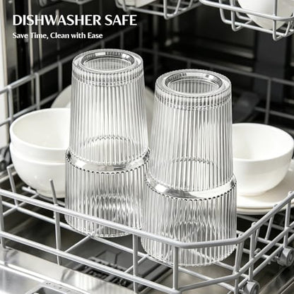 INSETLAN 20 oz Ribbed Glass Tumblers with Lids and Glass Straws – 2-Piece Glassware Set, Heavy-Duty Tumblers, Ideal for Iced Coffee, Smoothies, Cocktails, and Juices – Elegant and Durable Drinkware
