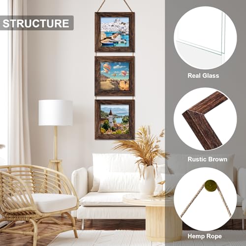 5X5 Picture Frame, Wall Hanging Picture Frames Collage with 3 Opening Frames Distress Rustic Brown - color: Brown, size: 5x5