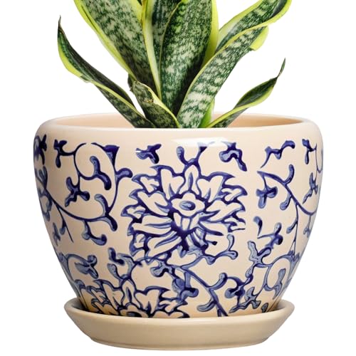 6 Inch Plant Pot - Ceramic Planters for Succulent Snake Plants, Round Pots for Plants with Drainage Hole and Saucer, Indoor Flower Pots, Living Room Decor, Gardening Gifts, Retro Blue - color: Retro Blue, size: 6 Inch