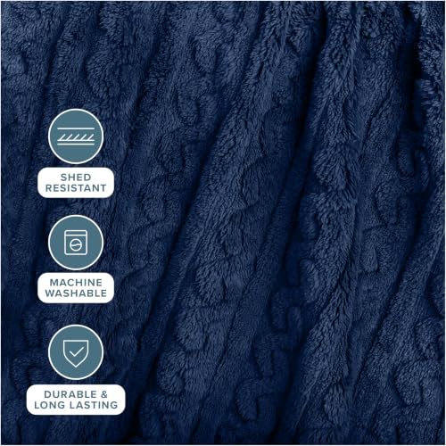 Bare Home Faux Shearling Blanket (Full/Queen, Cable Dark Blue) | Blanket for Bed, Sofa, Couch, Camping, Travel, and Gifts, Warm & Lightweight, Fluffy & Soft - color: 13 - Cable Dark Blue, size: Full/Queen