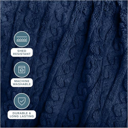 Bare Home Faux Shearling Blanket (Full/Queen, Cable Dark Blue) | Blanket for Bed, Sofa, Couch, Camping, Travel, and Gifts, Warm & Lightweight, Fluffy & Soft - color: 13 - Cable Dark Blue, size: Full/Queen