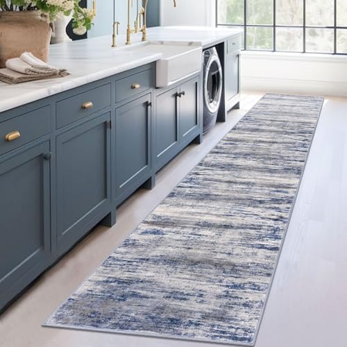 KOZYFLY Modern Abstract Hallway Runner, 2x12 Washable Rug Runner Non-Slip Soft Striped Kitchen Runner Rug, Grey Blue Print Carpet for Entryway Bathroom Laundry Room Foyer - color: Blue-grey, size: 2' x 12' (Runner)