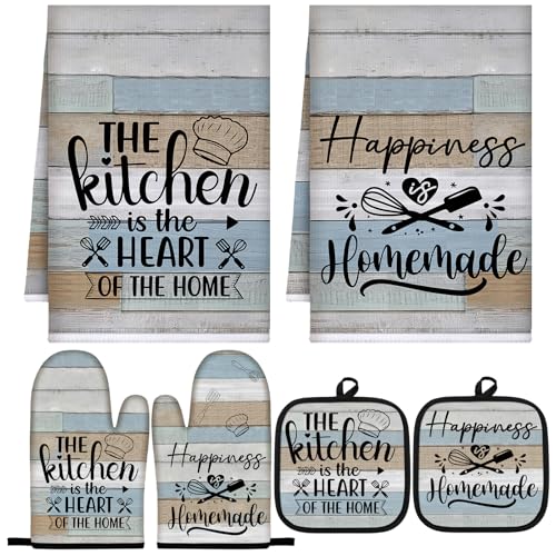 Sratte 6 Pcs Kitchen Decor Accessories Set Farmhouse Towels Pot Holders Oven Mitts Set 2 Dish Towels 2 Potholders 2 Cooking Mittens Oven Glove for Christmas Baking Cooking Supply(Brown Green,Kitchen) - color: Brown Green, style: Kitchen