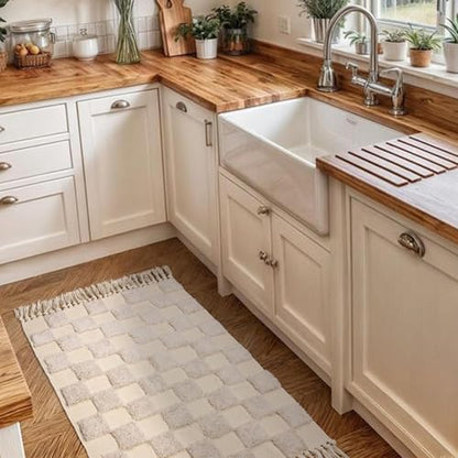 Boho Bathroom Rugs Beige Checkered Runner with Tassels, Boho Bath Mat Kitchen Runner Rug Washable, 2'x4.3' Tufted Rug - color: Checkered Cream, size: Medium(2'x4.3')