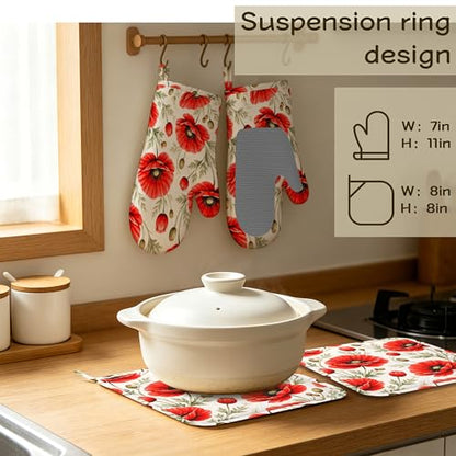 Red Poppy Flowers Oven Mitts and Pot Holders Sets of 4, Heat Resistant Silicone Oven Mitts Gloves Non-Slip Kitchen Mittens Potholders for Cooking Baking Grilling BBQ - color: Red Poppy Flowers