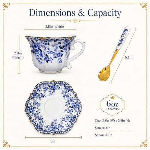 Noviko Blue and White Floral Teacup and Saucer Set with Spoon, 6 oz - color: Blue