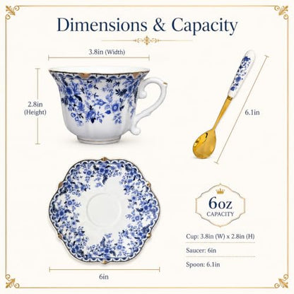 Noviko Blue and White Floral Teacup and Saucer Set with Spoon, 6 oz - color: Blue