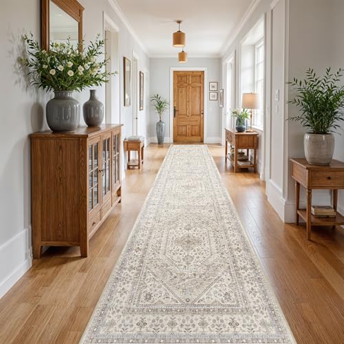 3x20 Washable Hallway Runner Rug - Non-Slip Vintage Kitchen Rugs Beige Gray | Low Pile Thin Wide Carpet for Entryway Soft Pet-Friendly Floor Mat for Living Room Bedroom Indoor Decor - color: Beige/Gray, size: 3' x 20' (Rectangular)