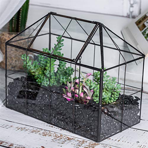 NCYP Glass Terrarium Planter with Lid for Small Succulent Plants, Grid House Shape Black Geometric Terrarium Pot, Home Garden Indoor Tabletop Decor, 9.84" x 5.31" x 7.87" (No Plants)