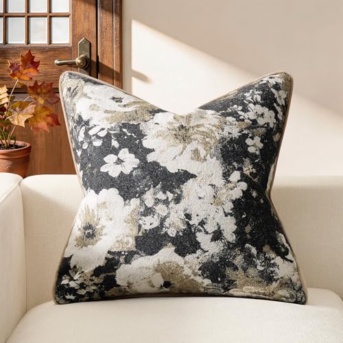 Kevin Textile Neutral Vintage Floral 18x18 Inch Pillow Cover 1 Pack, Black | Soft Neutral Retro Flowers Embroidered Texture Lumbar Pillow Cover Accent Decorative Pillowcase for Couch Sofa Chair Bed - color: Floral Black, size: 18" x 18" (Pack of 1)