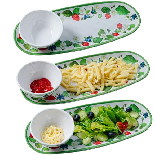 LEHAHA Strawberry Melamine Chip and Dip bowl Serving platter, Set of 3. Rectangular serving platter and small serving bowl sets. Round Dipping Dishes for Condiments, Pre, Dessert, Salsa, Entertaining - color: Strawberry