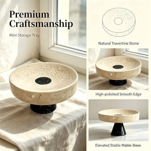 Natural Travertine Marble Pedestal Tray 6.7" x 6.7" x 3.9", Minimalist Catchall Vanity Tray for Perfume Jewelry Entryway Bathroom Decor Stone Footed Bowl - size: 6.69*3.94in
