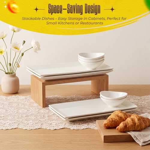 12.6" White Ceramic Serving Tray Set, 4 Rectangular Platters & 4 Dipping Bowls, Chips Salsa Veggie Taco Fry Serving Dishes, Reusable Charcuterie Sushi Plate for Party Kitchen Home