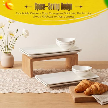 12.6" White Ceramic Serving Tray Set, 4 Rectangular Platters & 4 Dipping Bowls, Chips Salsa Veggie Taco Fry Serving Dishes, Reusable Charcuterie Sushi Plate for Party Kitchen Home